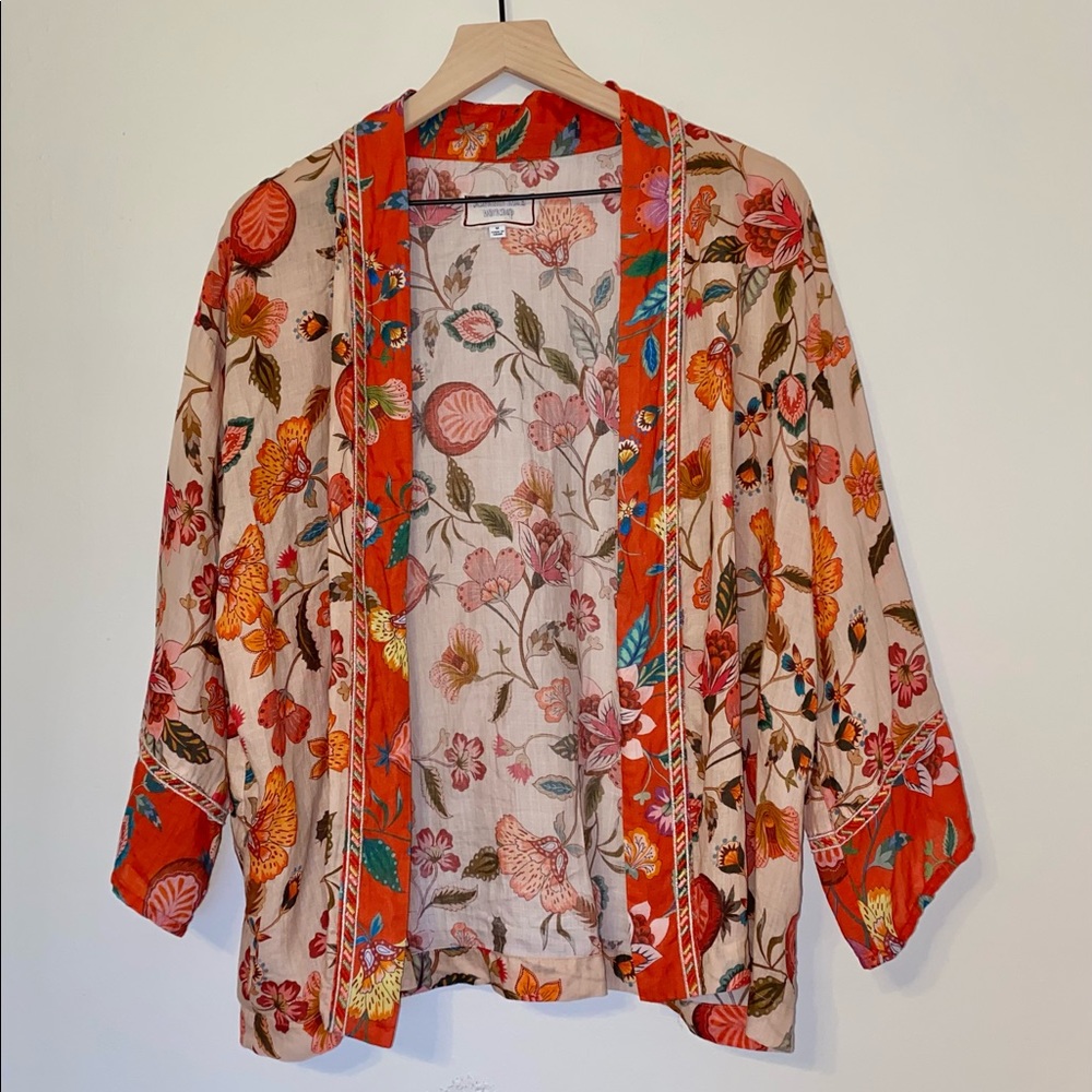 Johnny Was Cropped Bohemian Kimono Jacket 100% Ramie Linen, Embroidered- Size M